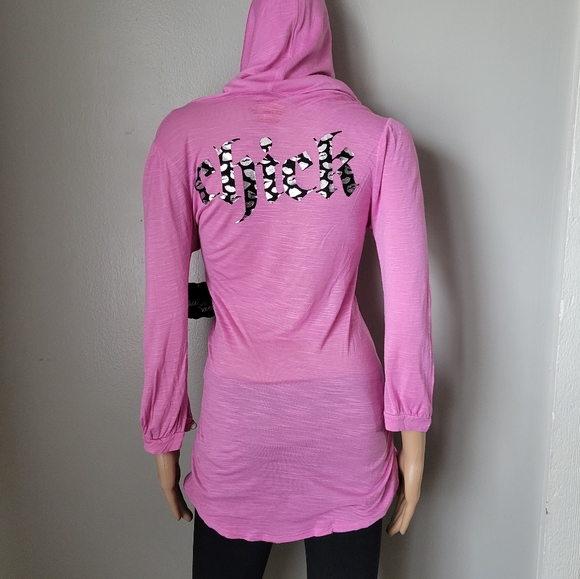 NWT! NICKY HILTON PINK THIN LONG SLEEVE SHIRT W/ EXTRA LONG HOOD - Picture 4 of 11